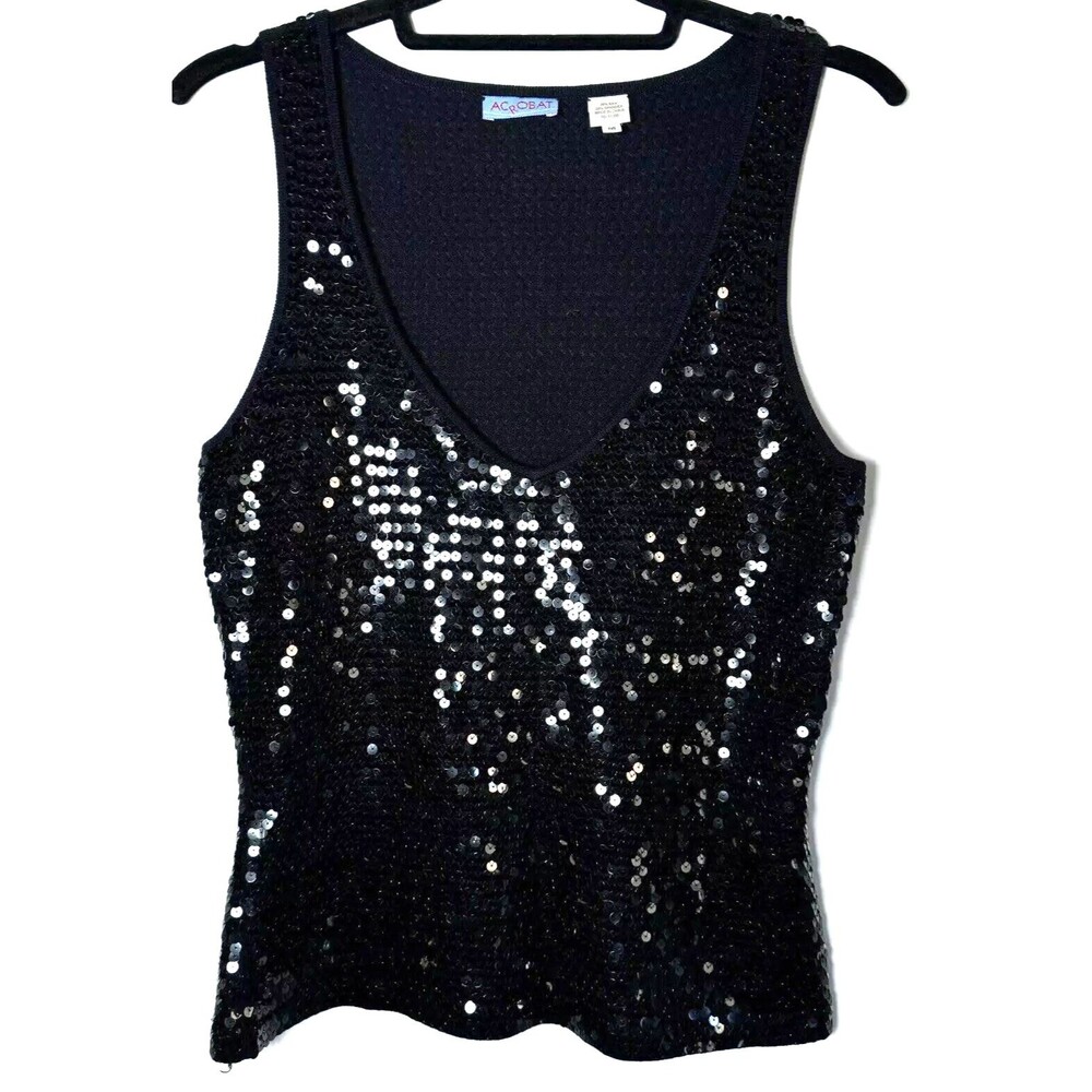 Acrobat Sequin Top Women Medium Black Silk Blend Stretch V Neck Sleeveless Party